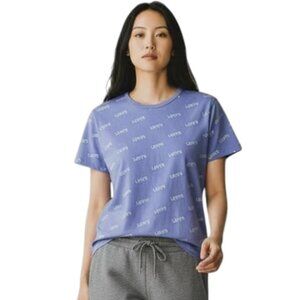 Levi's Womens Graphic T-Shirt L Blue Short Sleeve Slim Fit Logo Script Crew Neck